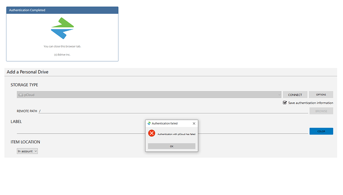 Authentication with pCloud Failed